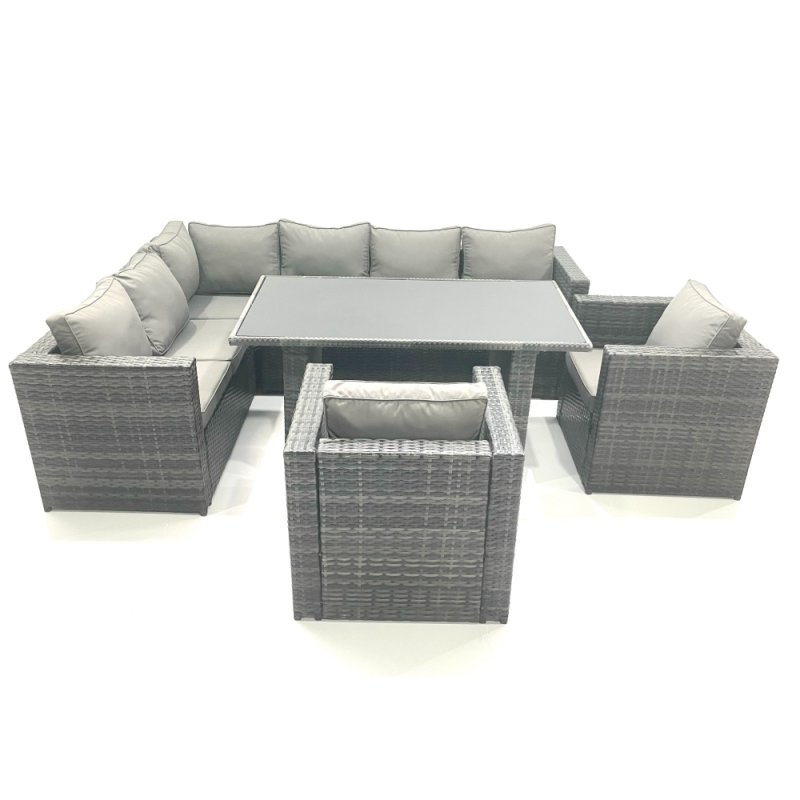 Fimous Dark Grey Outdoor Lounge Rattan Corner Sofa Set Garden Furniture Rectangular Dining Table Chair