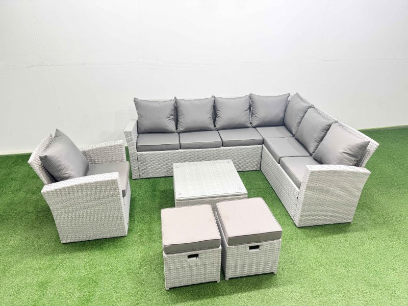 Fimous Rattan Garden Outdoor Furniture Set 9 Seater Rattan Garden Sofa Set with Armchair 2 Small Footstools Light Grey Mixed
