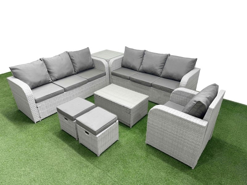 Fimous 9 Seater Poly Rattan Outdoor Garden Furniture Sofa Set Patio 3 Seater Sofa Reclining Chair 3 Seater Sofa Stools Side Table Light Grey