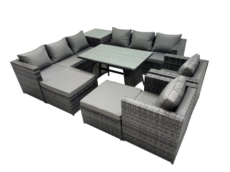Fimous Outdoor Corner Sofa Chair Dining Table Set Garden Rattan Furniture Set 10 Seater with 2 Big Stools Dark Grey