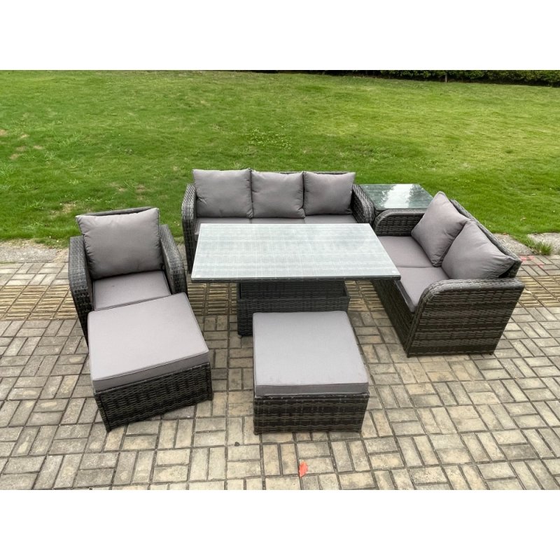 Fimous Rattan Outdoor Furniture Garden Dining Set Patio Height Adjustable Rising lifting Table Reclining Chair Sofa With Side Tables 2 Big Footstool Dark Grey Mixed