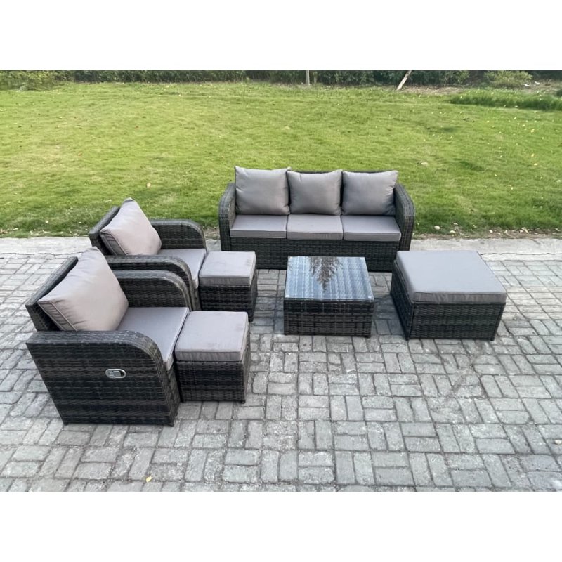 Fimous Garden Furniture Sets Wicker Rattan Furniture Patio Sofa Sets with Reclining Chair 3 Seater Sofa 3 Footstools Dark Grey Mixed