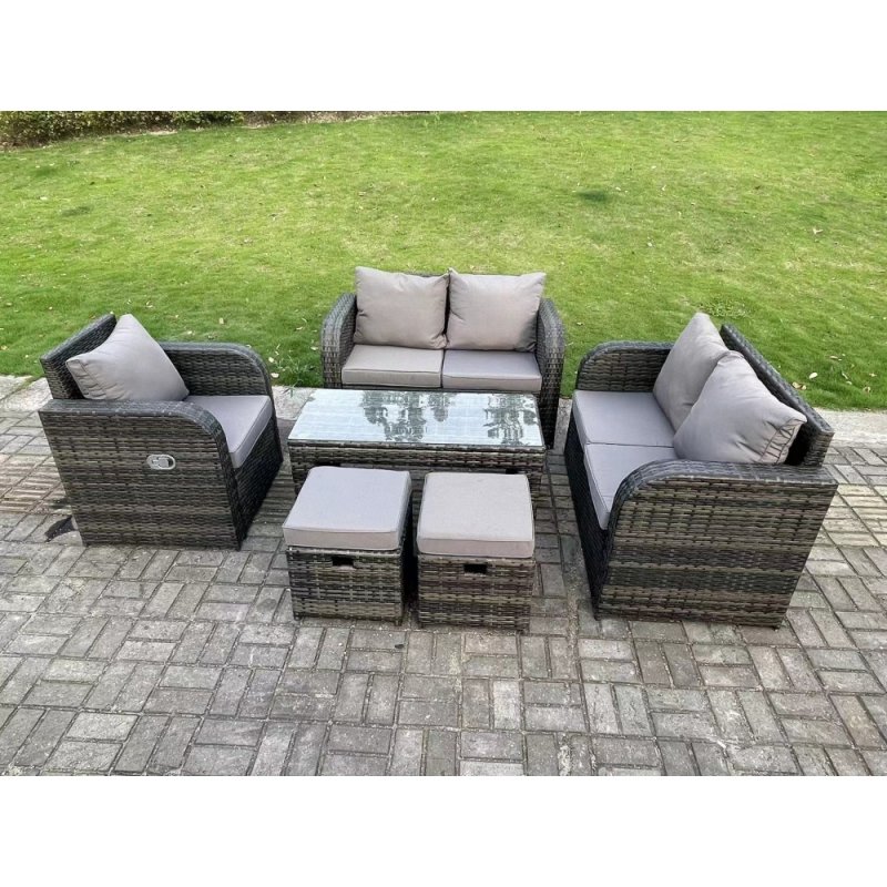 Fimous 7 Seater Dark Grey PE Wicker Rattan Garden Furniture Set Reclining Chair Love Sofa 2 Seater Sofa Set Outdoor Oblong Coffee Table Stools High Back