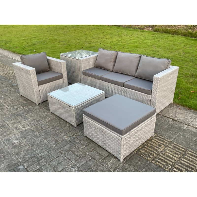 Fimous Light Grey Lounge Outdoor PE Rattan Garden Furniture Set Wicker Sofa Set Square Coffee Table Armchair Side Tea Table