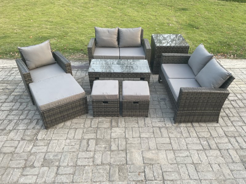 Fimous Outdoor Rattan Patio Furniture Set Garden Lounge Sofa Set with Side Table 3 Footstools Coffee Table Dark Grey Mixed
