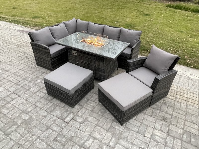 Fimous 9 Seater Rattan Garden Furniture Set High Back Corner Sofa Gas Fire Pit Dining Table Sets Gas Heater with 2 Big Footstool Armchair Dark Grey Mixed