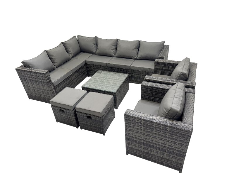 Fimous Rattan Garden Furniture Patio Furniture Sets with Corner Sofa Square Coffee Table 2 Small Footstools Dark Grey Mixed