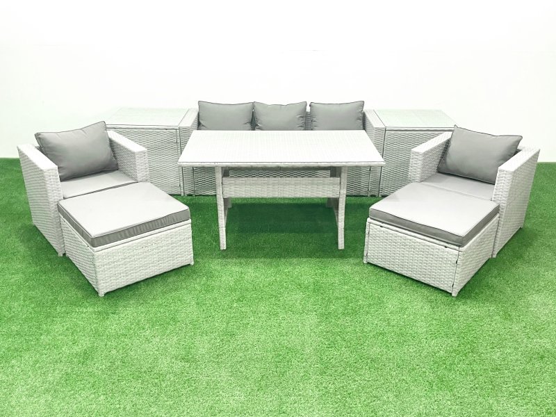 Fimous Garden Dining Set Outdoor Rattan Furniture Set with Sofa Dining Table 2 Chairs 2 Big Footstools 2 Side Tables Light Grey Mixed