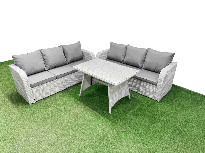 Fimous Patio Dining Table & Chairs Set Rattan High Back Lounge Sofa Set with 3 Seater Sofa Light Grey