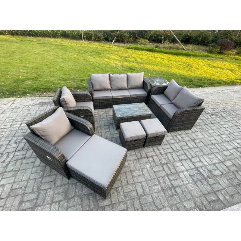 Fimous Patio Garden Furniture Sets Wicker 10 Seater Outdoor Rattan Furniture Sofa Sets with Rectangular Coffee Table Reclining Chair Loveseat Sofa Side Table 3 Footstools