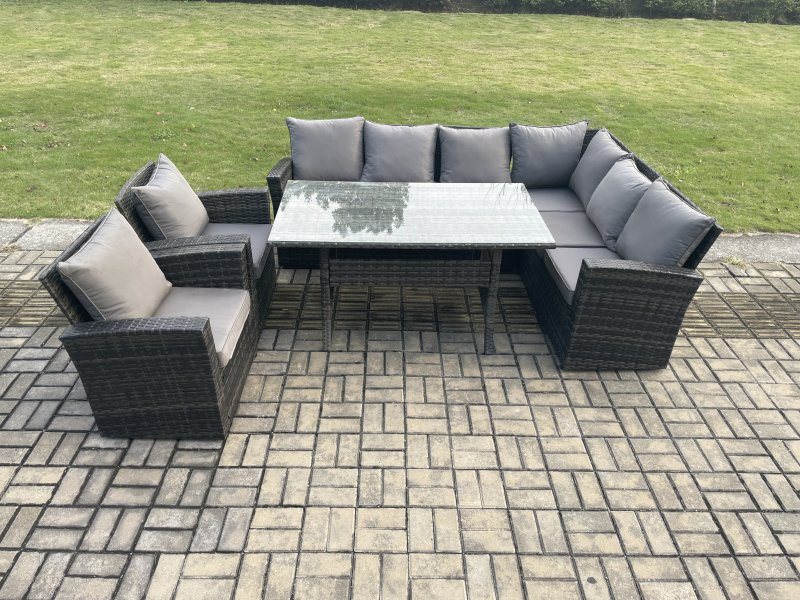 Fimous 8 Seater Garden Rattan Furniture Corner Sofa Dining Table Chair Set with Temper Glass and Cushions Indoor Outdoor Lounge Sofa Set