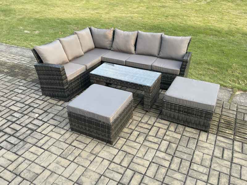 Fimous Outdoor Furniture Garden Dining Set Rattan Corner Sofa Set with 2 Big Footstool Dark Grey Mixed