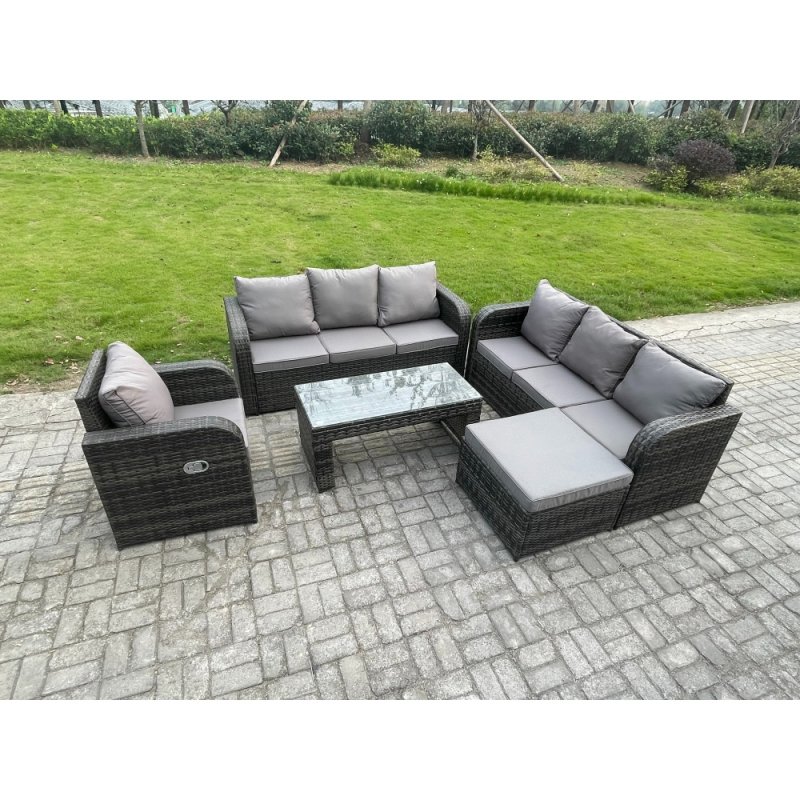 Fimous 8 Seater Wicker PE Rattan Sofa Set Outdoor Patio Garden Furniture Set with Reclining Chairs Coffee Table Big Footstool Dark Grey Mixed
