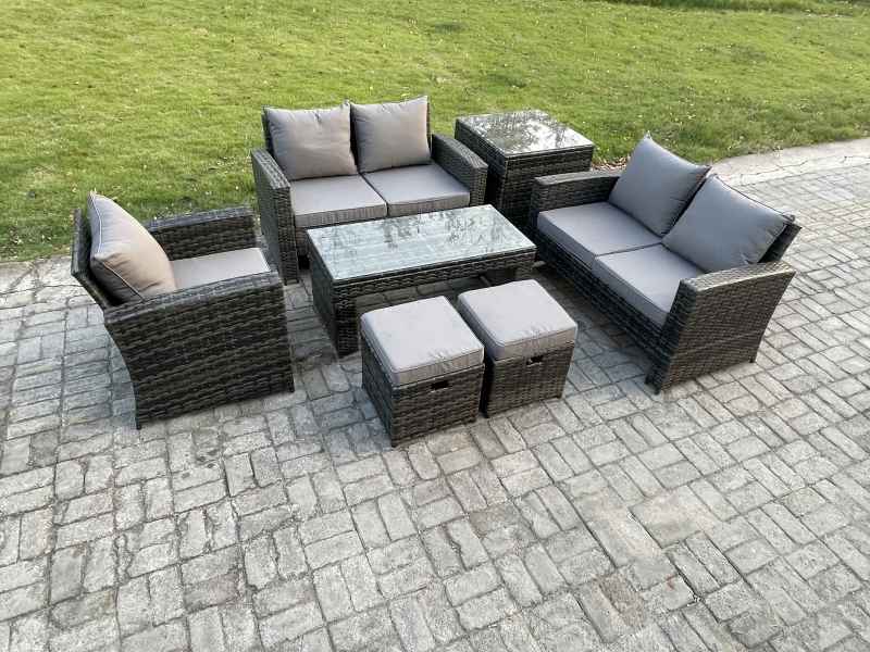 Fimous 7pcs Rattan Outdoor Garden Furniture Sofa Set with Coffee Table Side Table 2 Small Footstools Dark Grey Mixed