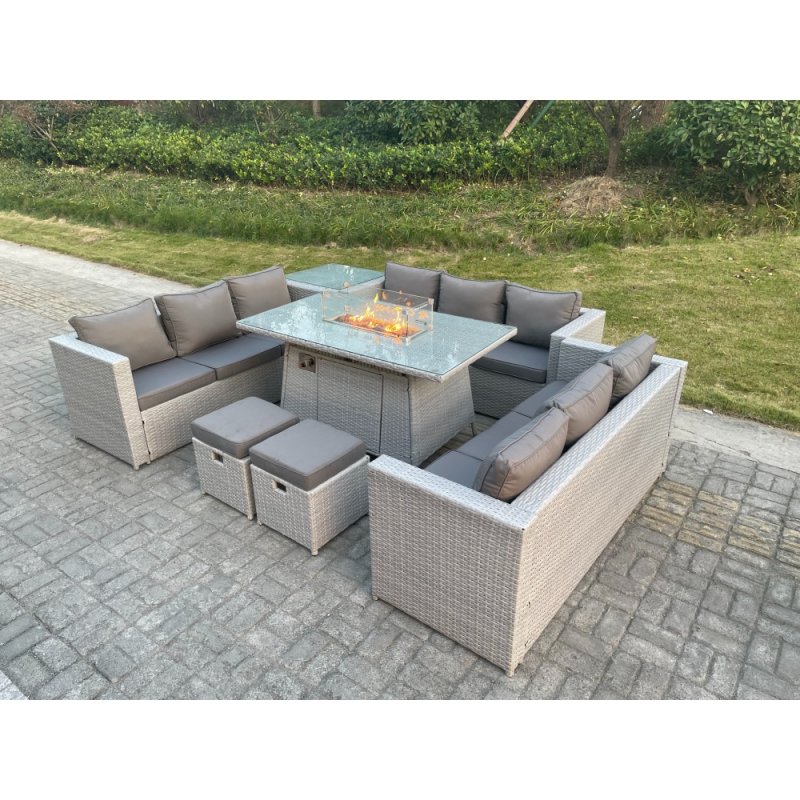 Fimous Light Grey U Shape Lounge Sofa Dining Set With Gas Heater Firepit Burner Dining Table Side Coffee Tea Table Big Stools