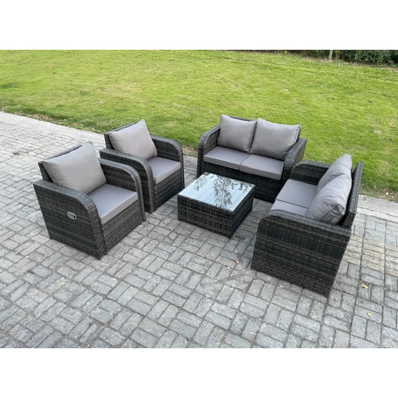 Fimous 6 Seater Rattan Sofa Set Outdoor Garden Furniture Set with Square Coffee Table Loveseat Sofa Reclining Chairs Dark Grey Mixed