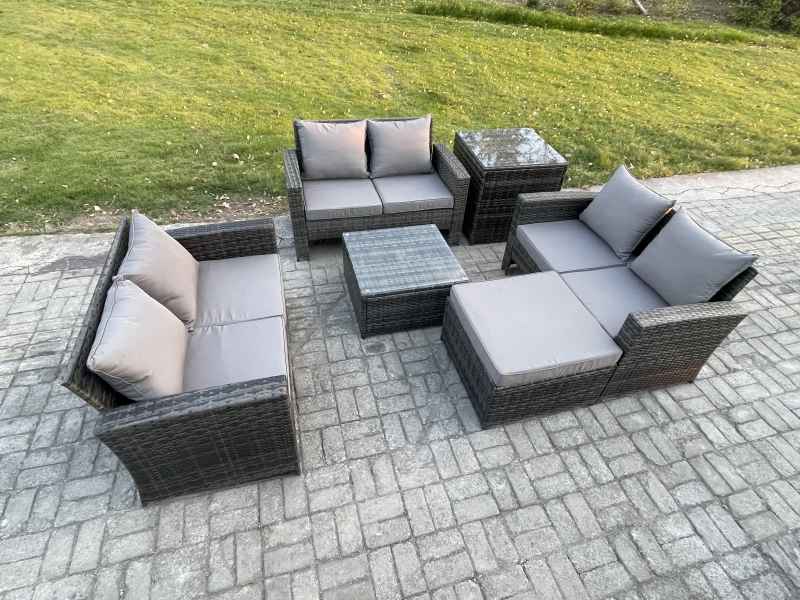 Fimous 7 Seater Rattan Wicker Garden Furniture Patio Conservatory Sofa Set with Square Coffee Table Double Seat Sofa Big Footstool Side Table
