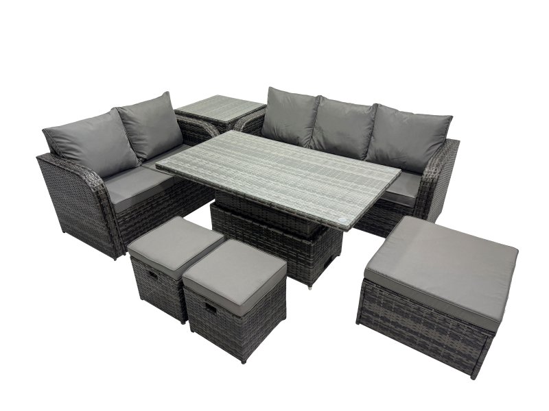 Fimous Rattan Garden Furniture Dining Set 8-seater Patio Height Adjustable Rising Lifting Table Sofa Set with 3 Footstools Side Table Dark Grey Mixed