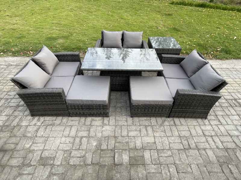 Fimous Wicker PE Rattan Garden Furniture Set Height Adjustable Rising Lifting Table Sofa Dining Set with Double Seat Sofa 2 Big Footstool Side Table Dark Grey Mixed