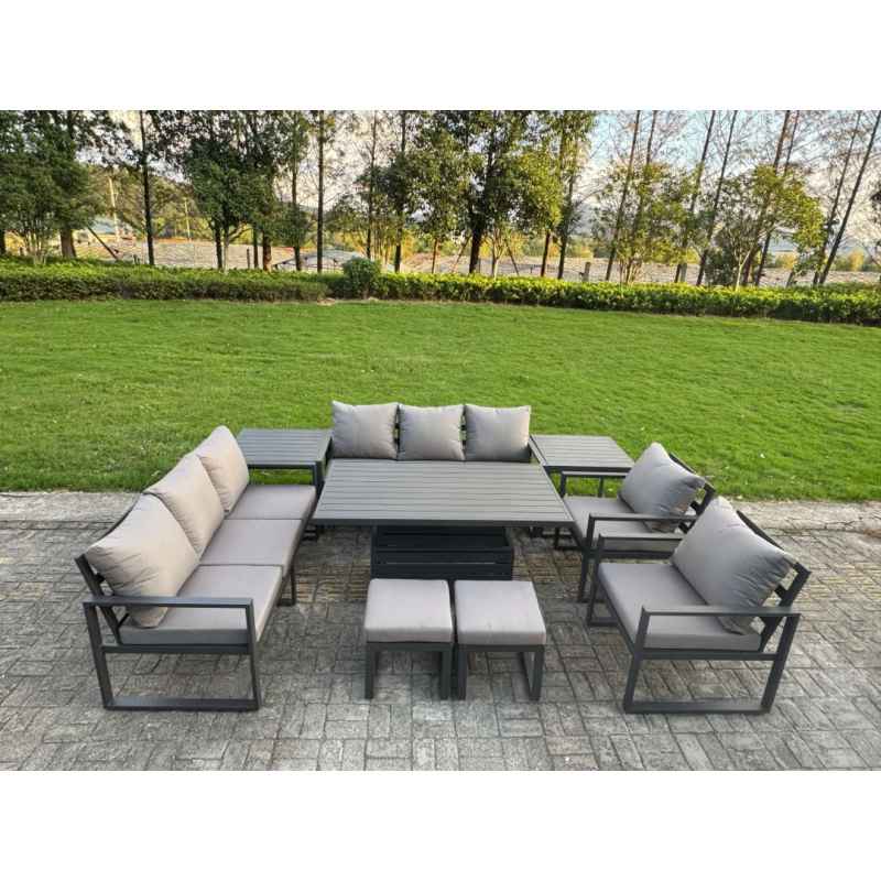 Fimous 8 Piece Garden Furniture Set 10-Seater Aluminium Outdoor Dining Set with Adjustable Rising Lifting Dining Table & Cushions Side Table Dark Grey