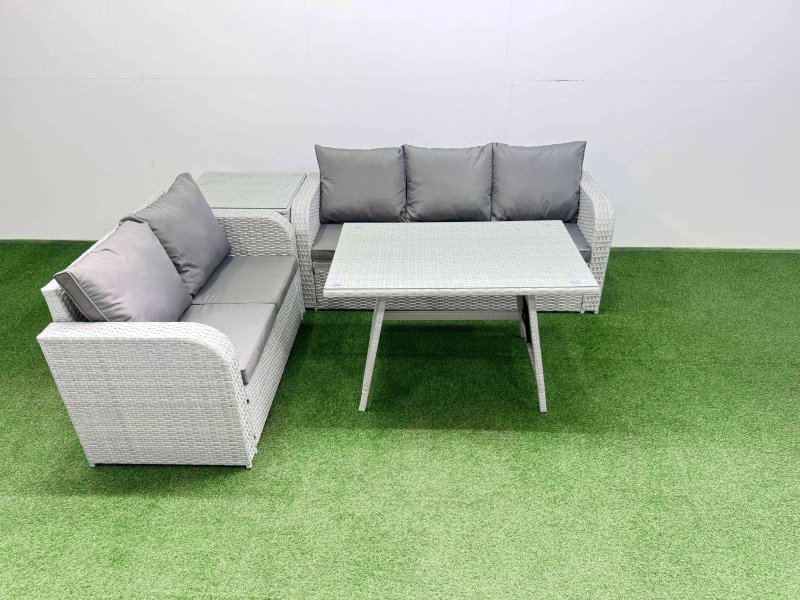 Fimous Outdoor PE Rattan Garden Furniture Set Rectangular Dining Table Sofa Set with Side Table Light Grey