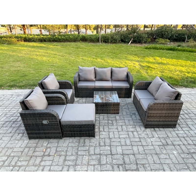 Fimous 8 Seater Garden Furniture Set Rattan Outdoor Lounge Sofa Chair With Tempered Glass Table Big Footstool Dark Grey Mixed