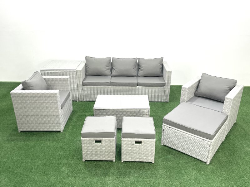 Fimous Rattan Garden Outdoor Furniture Sofa Set with Rectangular Coffee Table 2 Chairs 3 Footstools Side Table Light Grey Mixed