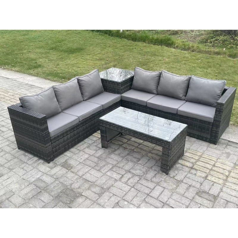 Fimous 6 Seater Rattan Corner Sofa Set With Square Side Table And Oblong Rectangular Coffee Tea Table Dark Grey Mixed