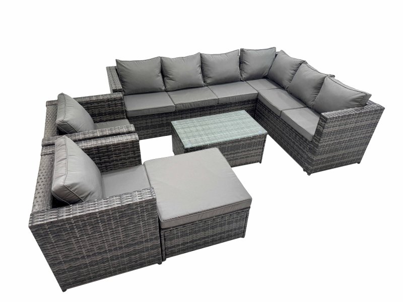 Fimous Patio Sofa Oblong Coffee Table Set Rattan Garden Furniture Set with 2 Chairs Big Stool Dark Grey Mixed