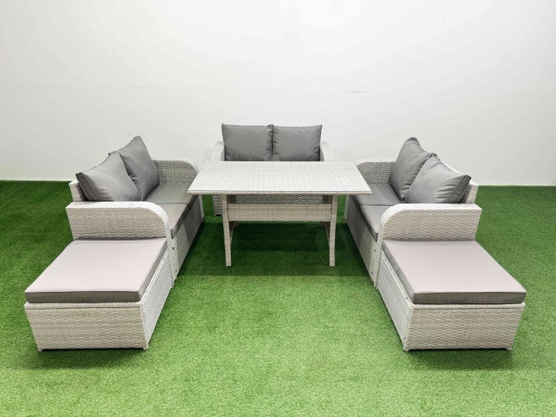 Fimous 8 Seater PE Wicker Rattan Furniture Sofa Sets with Rectangular Dining Table 2 Seater Love Sofa 2 Big Footstool Light Grey