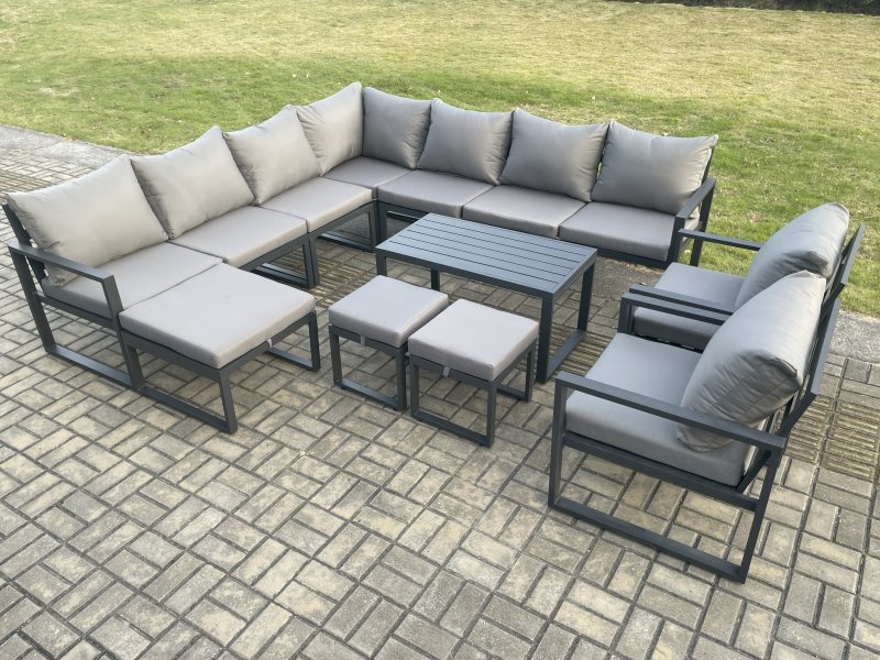 Fimous Aluminium Outdoor Garden Furniture Set Lounge Corner Sofa Oblong Coffee Table 2 Pcs Chair Sets with 3 Footstools Dark Grey