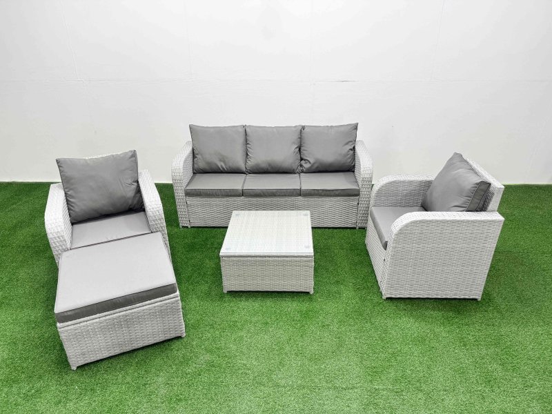 Fimous PE Rattan Garden Furniture Set Reclining Chair Sofa Lounge Sofa Set Square Coffee Table Big Footstool Light Grey