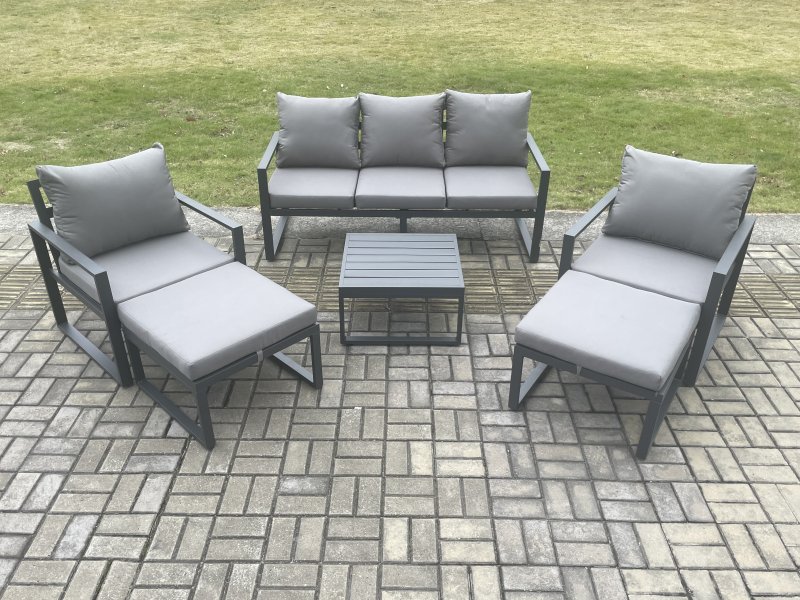 Fimous Aluminium Outdoor Lounge Sofa Set Garden Furniture Sets with Square Coffee Table 2 Chairs 2 Big Footstools Dark Grey 7 Seater