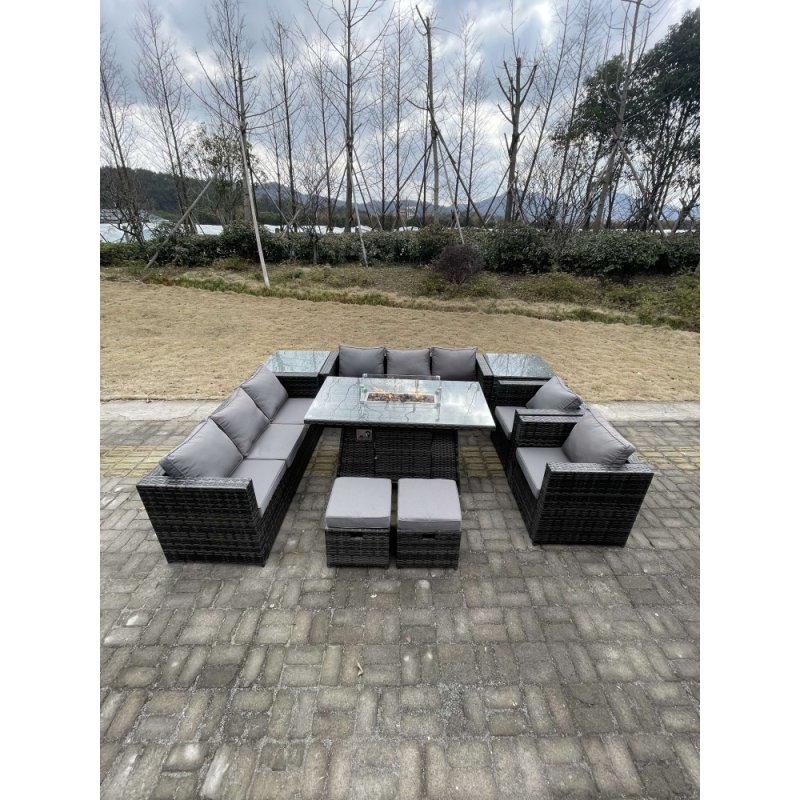 Fimous 10 Seater?Outdoor Lounge Rattan Sofa Set Garden Furniture Gas Firepit Set Heater Dining Table With Chair and 2 Coffee Table Dark Grey Mixed
