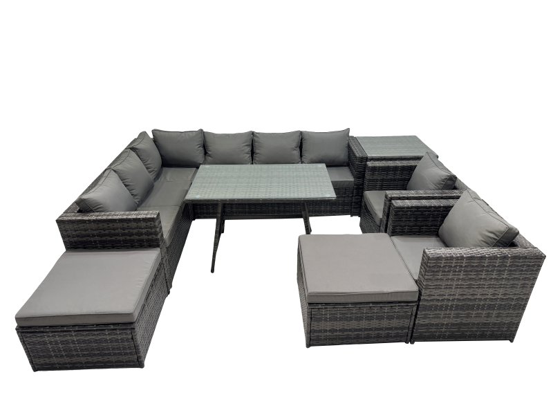Fimous 10-seater Outdoor PE Rattan Sofa Set with Dining Table Patio Garden Furniture Sets with 2 Chair 2 Big Stools Side Table Dark Grey Mixed