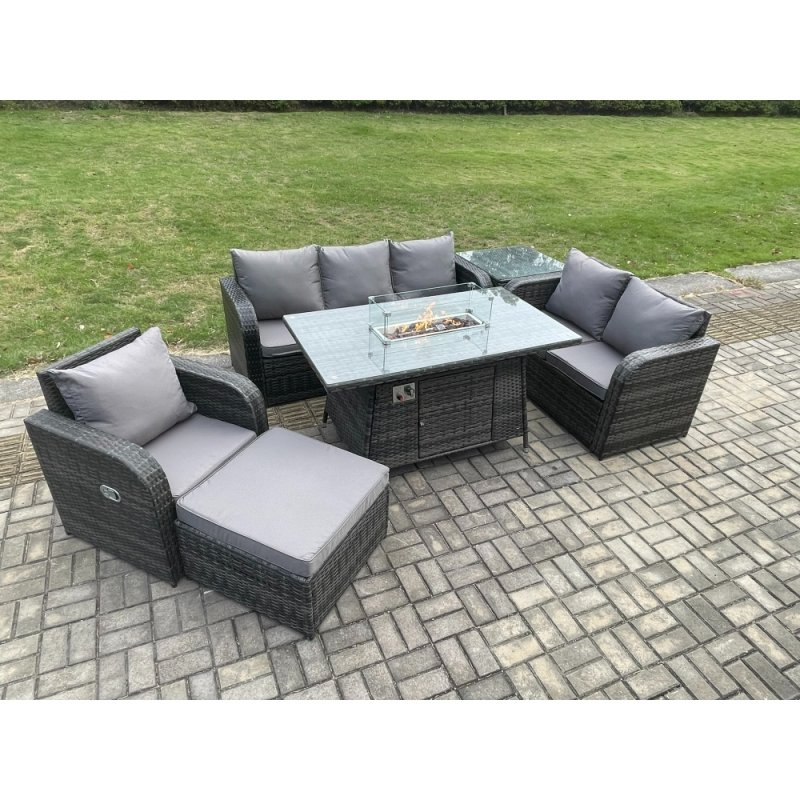 Fimous Garden Patio Furniture Wicker Rattan Gas Fire Pit Table and Sofa Chair set with Side Table Big Footstool