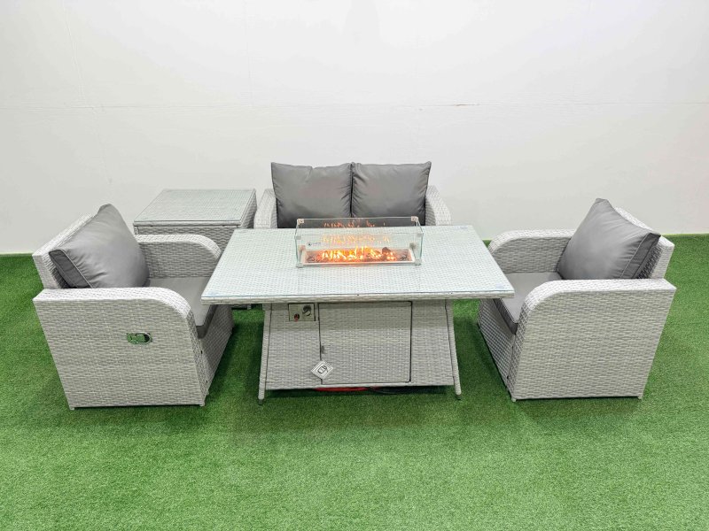 Fimous Light Grey PE Wicker Rattan Garden Furniture Set Sofa Set Reclining Chair Firepit Dining Table 4 Seater With Side Table
