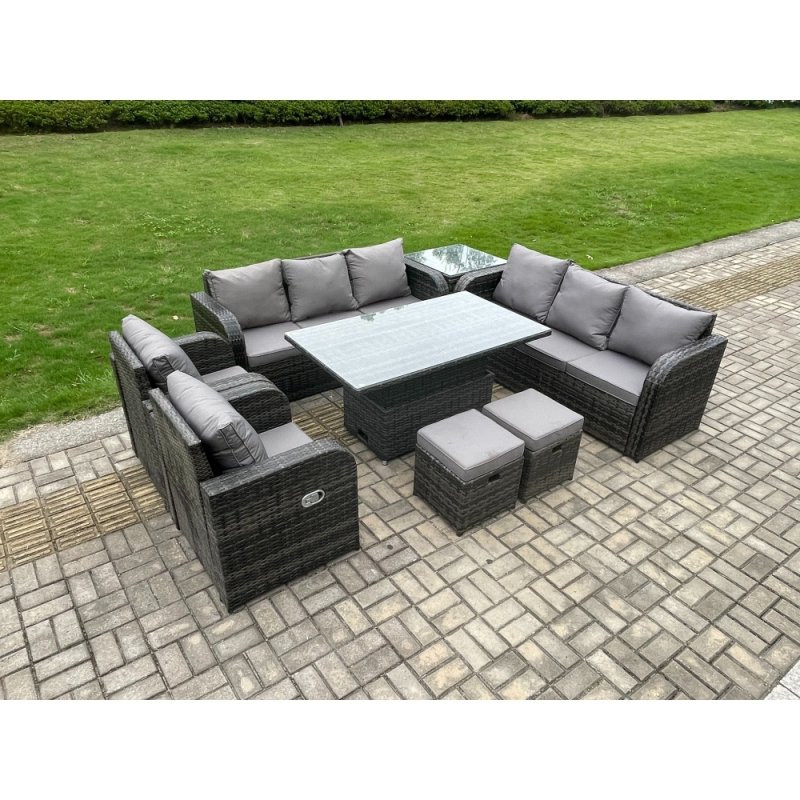 Fimous Rattan Outdoor Garden Furniture Sets Height Adjustable Rising lifting DiningTable Sofa Set with Reclining Chair Side Table 2 Small Footstools Dark Grey Mixed