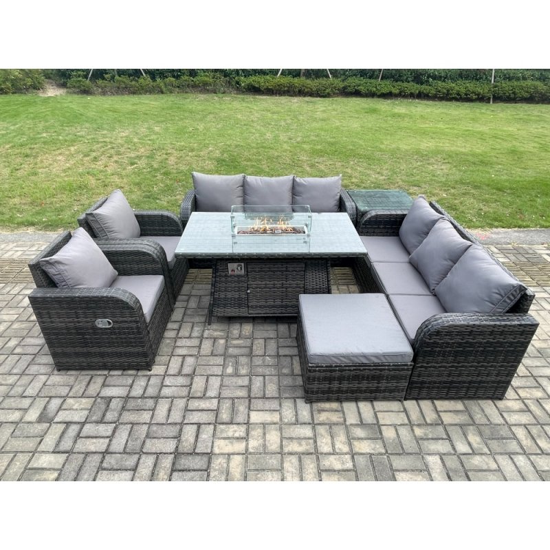 Fimous Garden Patio Furniture Wicker Rattan Gas Fire Pit Table and Sofa set with Recling Chair Side Table Big Footstool
