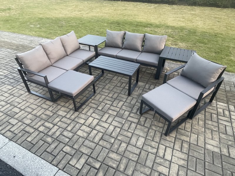 Fimous Aluminium 8 Pieces Garden Furniture Set with Cushions 9 Seater Outdoor Patio Lounge Sofa Set with Armchair 2 Big Footstools 2 Side Tables Dark Grey