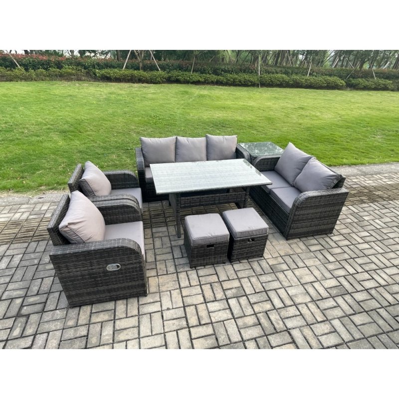 Fimous Dark Grey PE Wicker Rattan Garden Furniture Set Reclining Chair Love Sofa 2 Seater Sofa Set Outdoor Rectangular Dining Table 2 Small Footstools Side Tables 9 Seater
