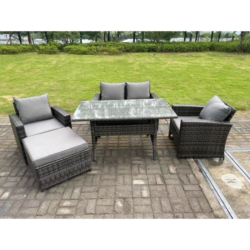 Fimous 5 Seater Outdoor Dark Grey Mixed High Back Rattan Sofa Dining Table Set Love Seat Garden Furniture Big Footstool