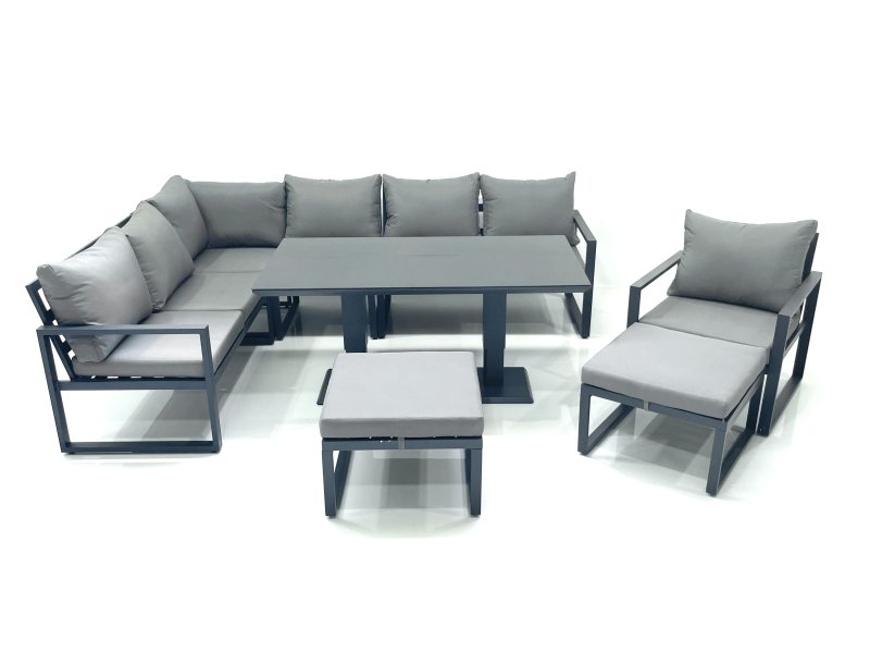 Fimous Aluminum Outdoor Garden Furniture Set Corner Sofa Chair 2 Big Footstools Adjustable Rising Lifting Dining Table Sets Dark Grey
