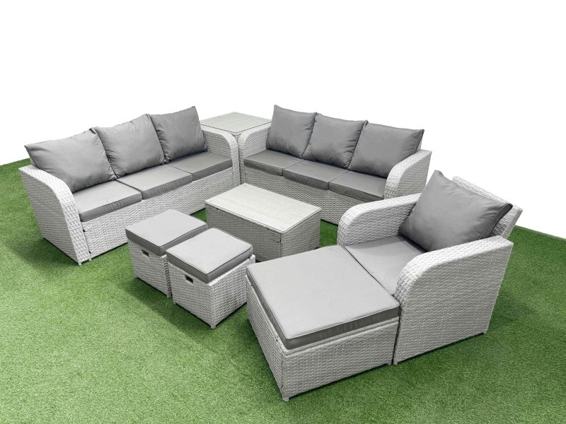 Fimous 10 Seater Poly Rattan Outdoor Garden Furniture Sofa Set Patio 3 Seater Sofa Reclining Chair 3 Seater Sofa 3 Stools Side Table Light Grey