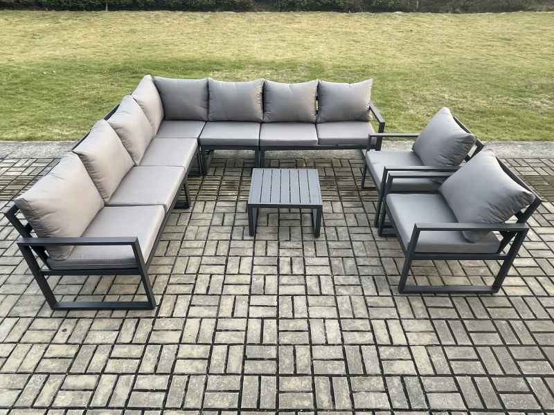 Fimous Outdoor Garden Furniture Patio Lounge Corner Sofa Aluminium Set with Square Coffee Table 2 Pcs Arm Chairs Dark Grey