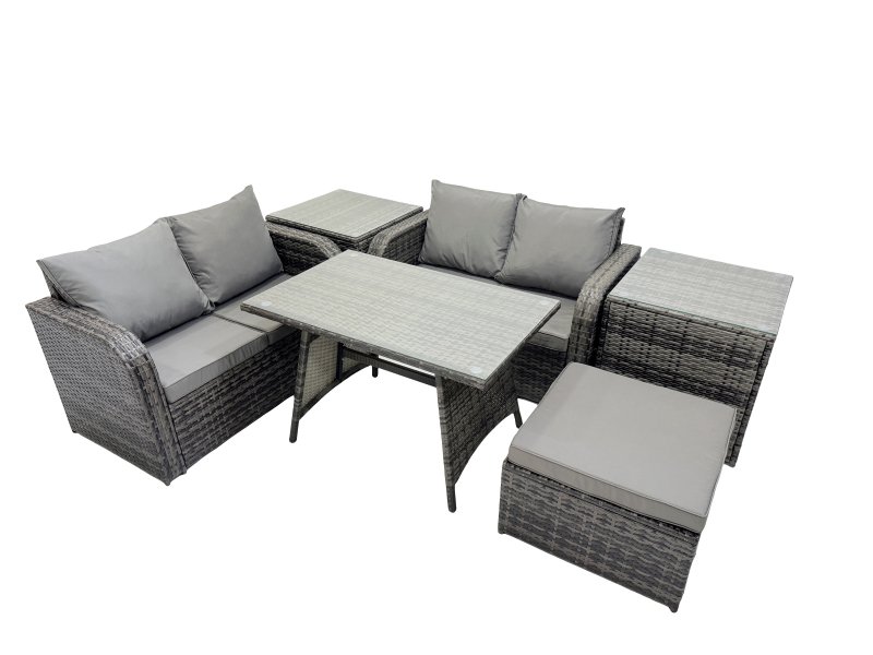 Fimous 5 Seater Garden Outdoor Rattan Furniture Set Rattan Sofa Oblong Dining Table with 2 Side Table Dark Grey