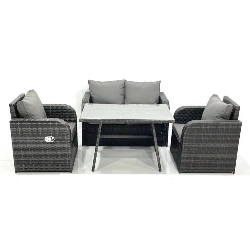 Fimous Outdoor Garden Furniture Set Rattan Sofa Dining Table Set with Reclining Chair Dark Grey Mixed