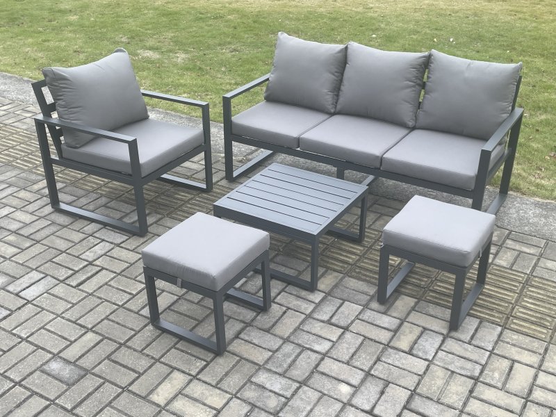 Fimous Aluminium Outdoor Garden Furniture Set Lounge Sofa Chair Square Coffee Table Sets with 2 Small Footstools Dark Grey