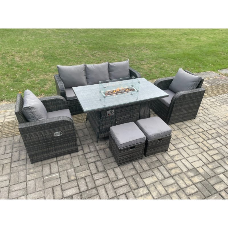 Fimous Garden Patio Furniture Wicker Rattan Gas Fire Pit Table and Chair set with 3 Seater Sofa 2 Small Footstools Dark Grey Mixed