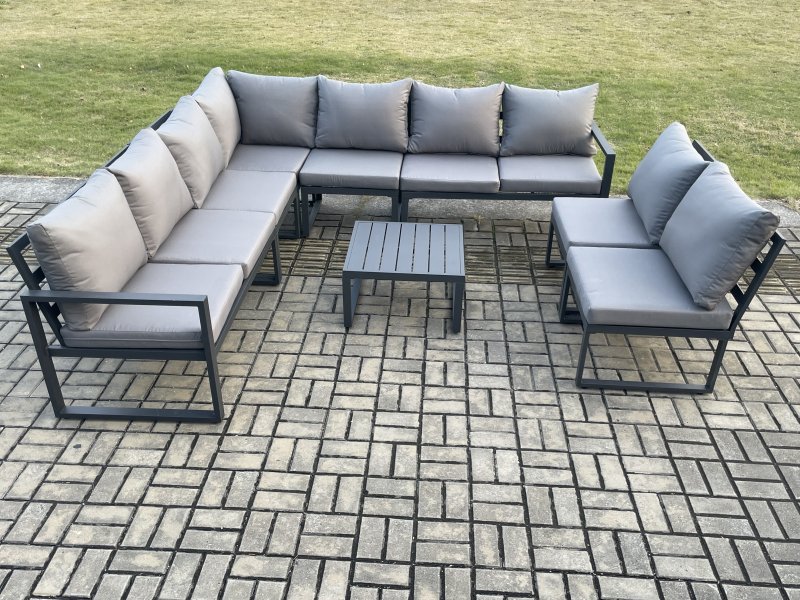 Fimous 9 Seater Patio Outdoor Garden Furniture Aluminium Lounge Corner Sofa Set with Square Coffee Table Dark Grey